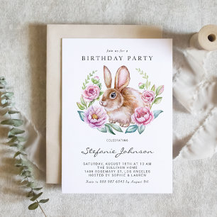 Watercolor Bunny and Pink Flowers Birthday Party Invitation