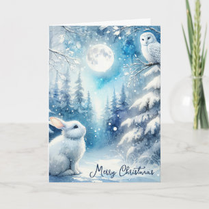 Watercolor Bunny And Snowy Owl Holiday Card