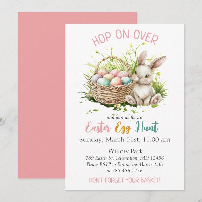 Watercolor Bunny + Basket|Easter Egg Hunt Pink Invitation (Front/Back)
