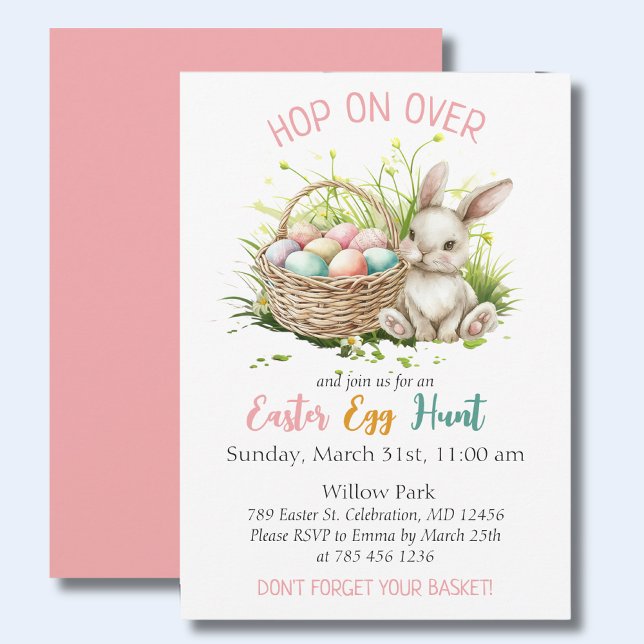Watercolor Bunny + Basket|Easter Egg Hunt Pink Invitation (Celebrate Easter in style with this modern, colorful invitation perfect for your gathering. )