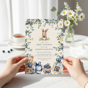 Watercolor Bunny Blueberry Baby Shower rsvp QR Invitation