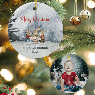 Watercolor Bunny Carolers Christmas Photo Ceramic Tree Decoration