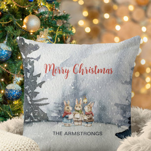 Watercolor Bunny Carolers Winter Christmas Cushion