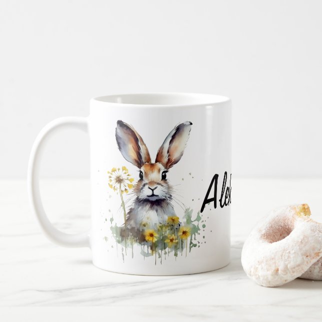 Watercolor Bunny Dandelion Personalised Mug (With Donut)