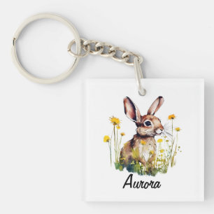 Watercolor Bunny Dandelion Square Key Chain