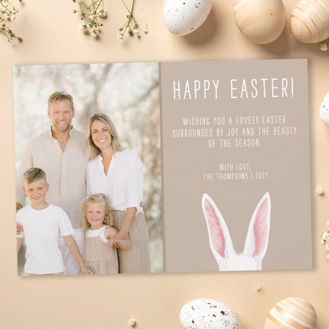 Watercolor Bunny Ears Family Photo Beige Easter Card (Creator Uploaded)