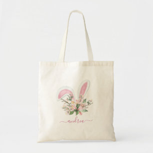Watercolor Bunny Ears Happy Easter Add Kids Name Tote Bag
