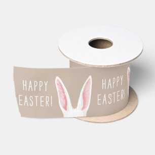 Watercolor Bunny Ears On Beige Happy Easter Satin Ribbon