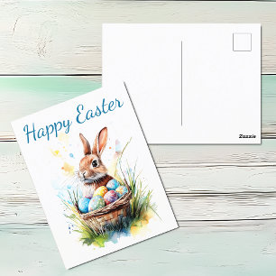 Watercolor Bunny & Easter Basket  Holiday Postcard