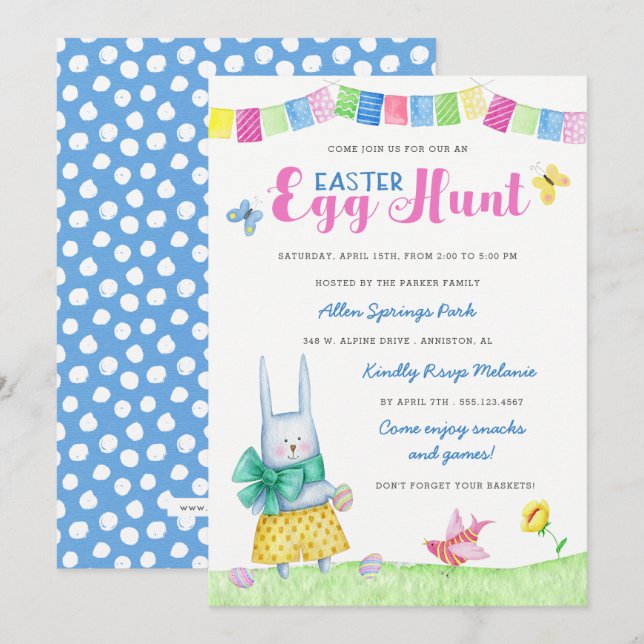 Watercolor Bunny Easter Egg Hunt Invitation (Front/Back)