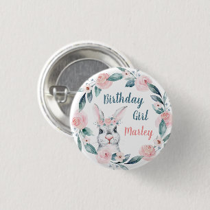 Watercolor Bunny Floral Birthday Girl, Any Age 3 Cm Round Badge