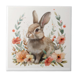Watercolor Bunny Floral Tile
