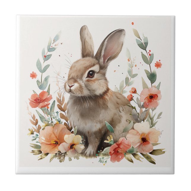 Watercolor Bunny Floral Tile (Front)