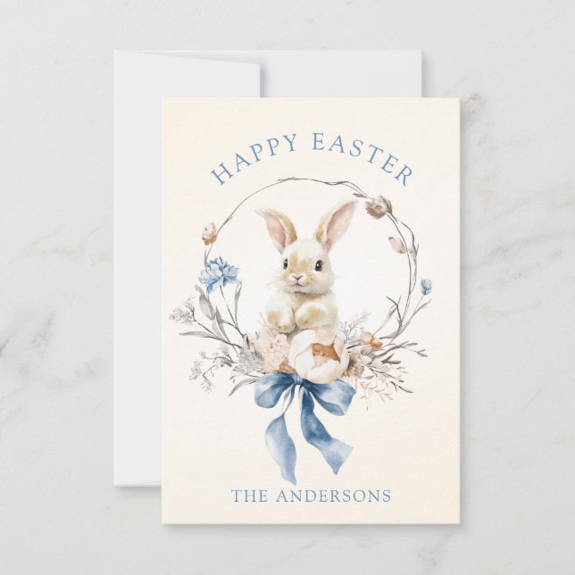 Watercolor Bunny Flowers Blue Bow Spring Card (Front)