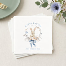Watercolor Bunny Flowers Blue Bow Spring Easter