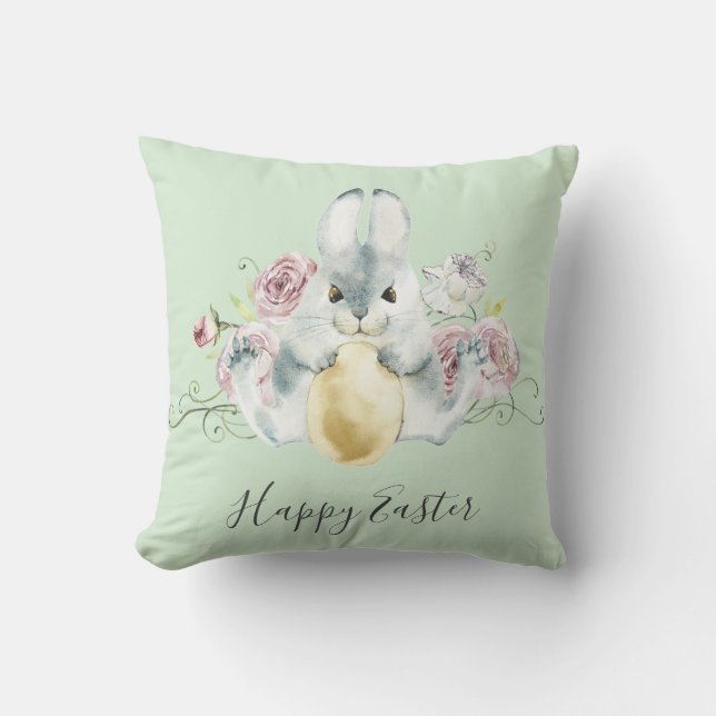 Watercolor Bunny & Flowers Easter Cushion (Front)
