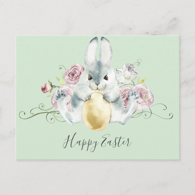 Watercolor Bunny & Flowers Easter Postcard (Front)