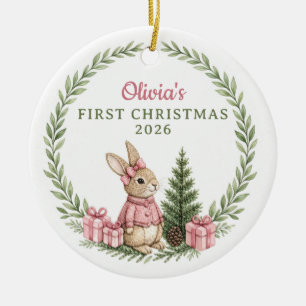 Watercolor Bunny Girl Baby 1st Christmas Ceramic Tree Decoration