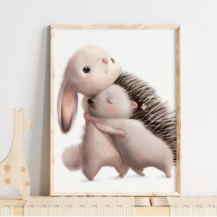 Watercolor Bunny Hedgehog Hugs   Bunny Wall Print