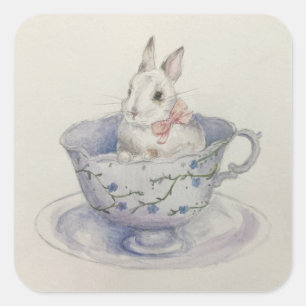 Watercolor Bunny in Floral Teacup Square Sticker