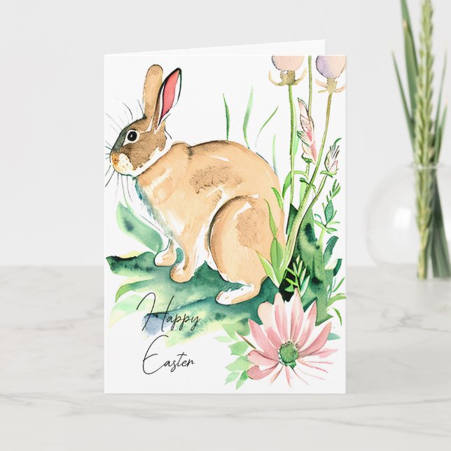 Watercolor bunny in flower garden custom Easter Holiday Card (Front)