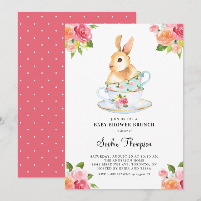 Watercolor Bunny on Teacups Baby Shower Brunch Invitation (Front/Back)
