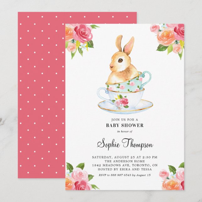 Watercolor Bunny on Teacups Floral Baby Shower Invitation (Front/Back)