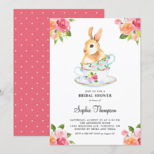 Watercolor Bunny on Teacups Floral Bridal Shower Invitation