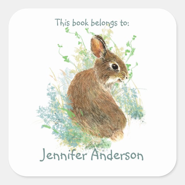 Watercolor Bunny Rabbit Cute Animal Fun Bookplate Square Sticker (Front)