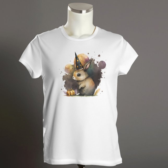 Watercolor Bunny Rabbit Halloween T-Shirt (Halloween Bunny with a witch hat)