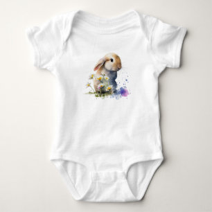 Watercolor Bunny Rabbit in Field of Flowers Baby Bodysuit