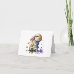 Watercolor Bunny Rabbit in Field of Flowers BLANK Card