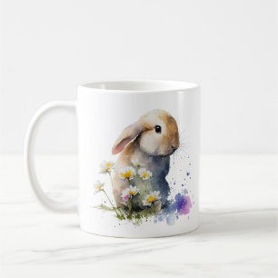 Watercolor Bunny Rabbit in Field of Flowers Coffee Mug