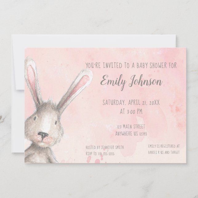 Watercolor Bunny Rabbit personalised baby shower Invitation (Front)
