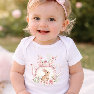 Watercolor Bunny Rabbit Tea Pot Floral Baby Shower Bodysuit