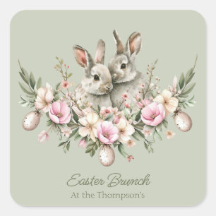 Watercolor Bunny Rabbits Floral Easter Brunch Egg  Square Sticker