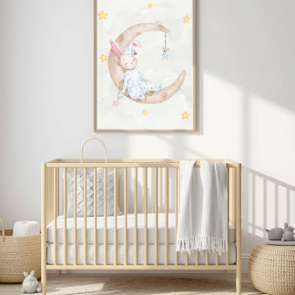 Watercolor Bunny Sleeping on Moon Nursery Art - Poster