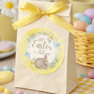 Watercolor Bunny Spring Wildflowers Happy Easter Classic Round Sticker