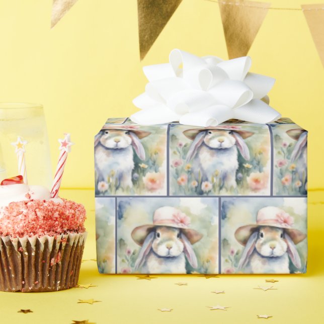 Watercolor Bunny Wearing a Bonnet Wrapping Paper (Birthday Party)