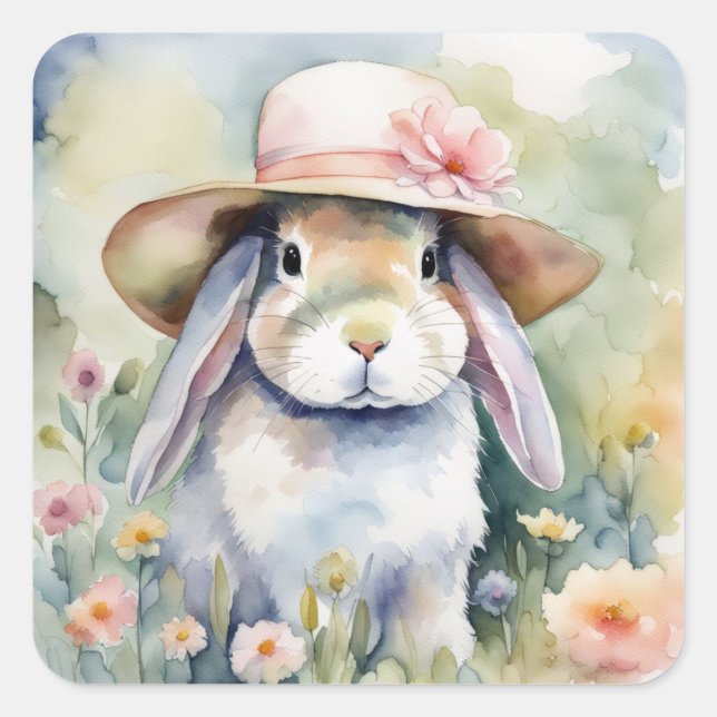 Watercolor Bunny Wearing a New Hat Square Sticker (Front)