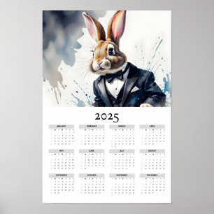 Watercolor Bunny Wearing Tuxedo 2025 Wall Calendar Poster