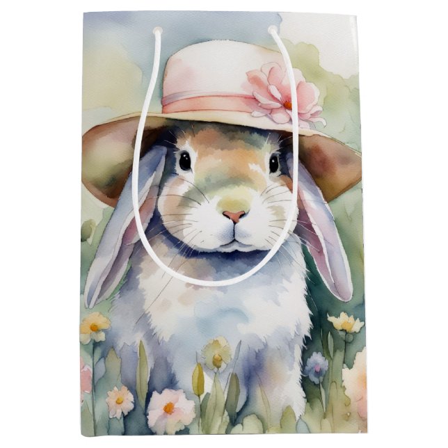 Watercolor Bunny With Bonnet Medium Gift Bag (Front)