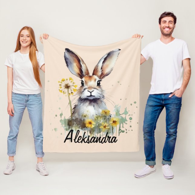 Watercolor Bunny with Dandelion Fleece Blanket (In Situ)