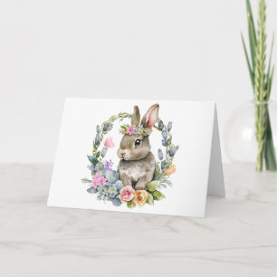 Watercolor Bunny with Floral Wreath  Card