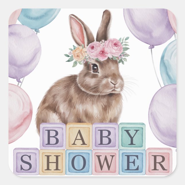 Watercolor Bunny With Flower Crown Baby Shower Square Sticker (Front)