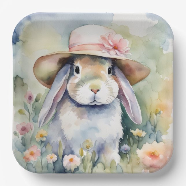 Watercolor Bunny With New Hat Paper Plate (Front)