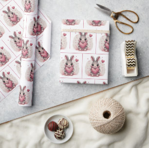 Watercolor Bunny With Pink Heart Wrapping Paper