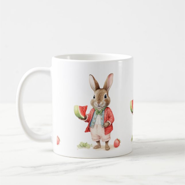 Watercolor Bunny with Watermelon Coffee Mug (Left)