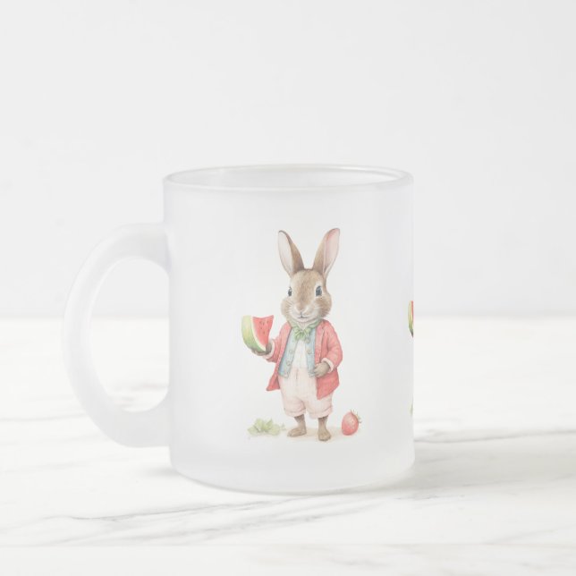 Watercolor Bunny with Watermelon Frosted Glass Coffee Mug (Left)