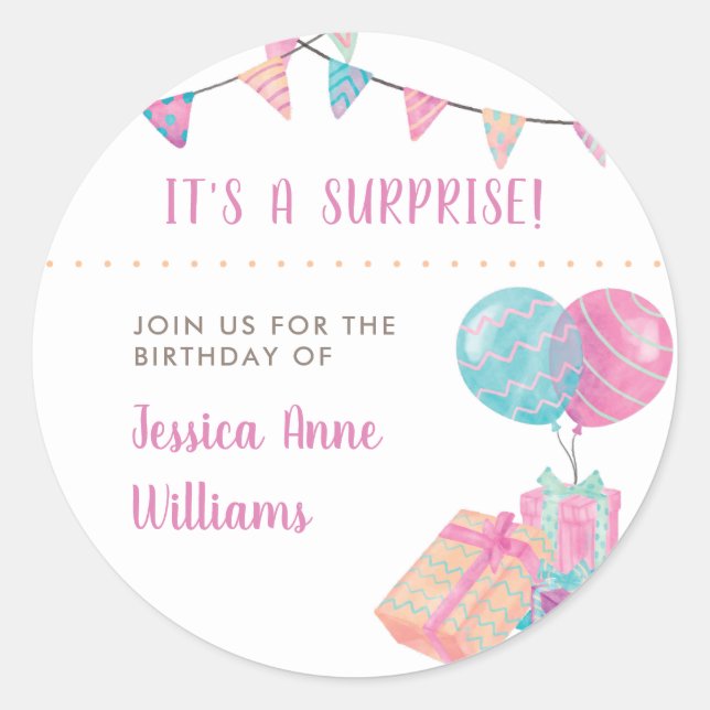 Watercolor Bunting & Balloons | Surprise Party Classic Round Sticker (Front)